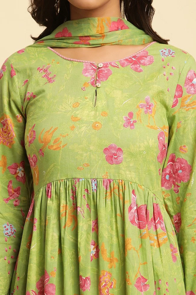 Green Casual Wear Embroidered Cotton Kurti Pant Set