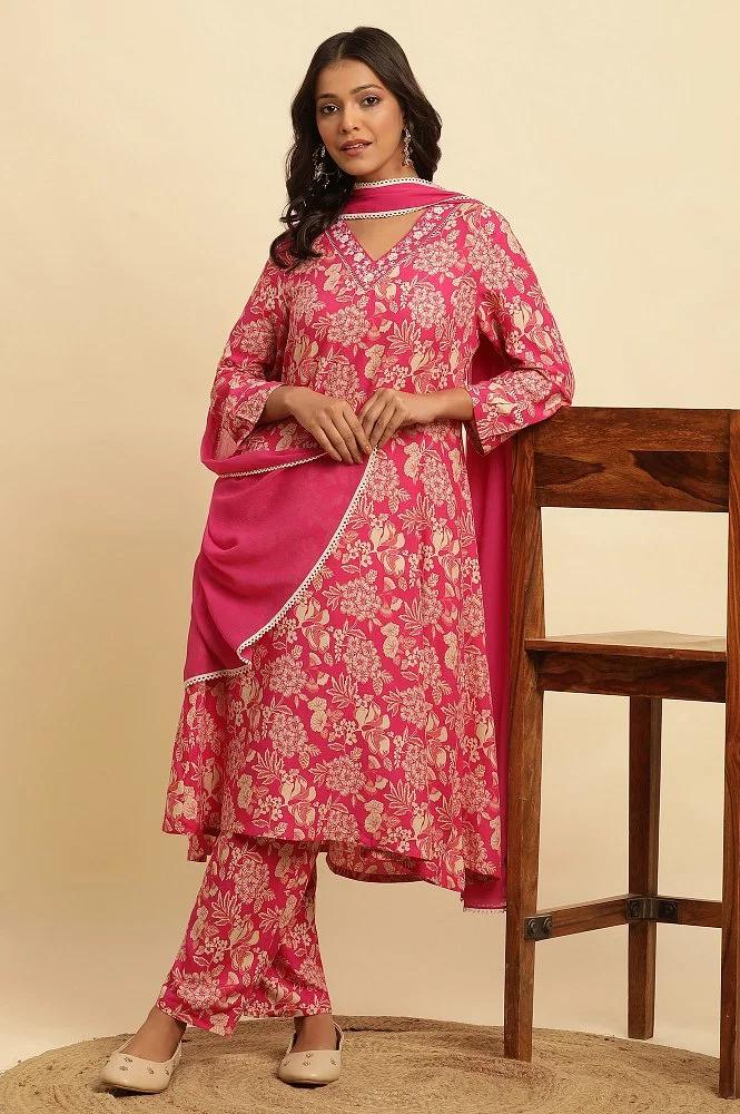 Light pink Vegetable print Aline kurta with pant set of 2-01514)