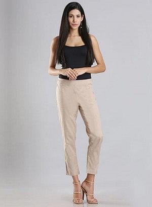 Buy Fheo Beige Trendy & Elegant Ankle Length Mid Rise Waist Elasticated  Regular Fit Readymade Cotton Fabric Pencil Pants/Trousers for Women. Size:-  at